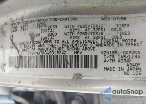 1998 Toyota 4Runner Sr5 V6 Limited z USA, uszkodzony, nr VIN JT3HN87R6W9018342